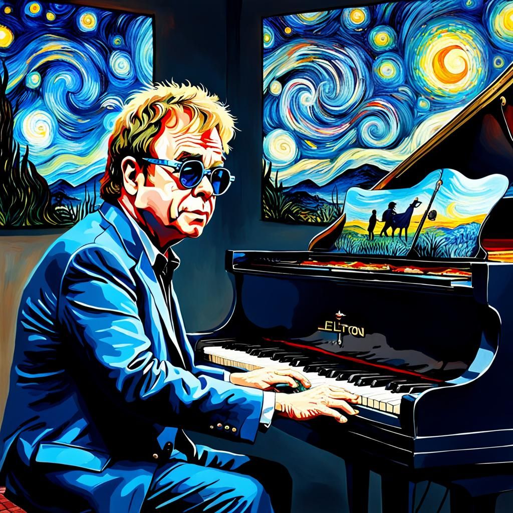 Elton John at Piano: A Burton-esque Painting