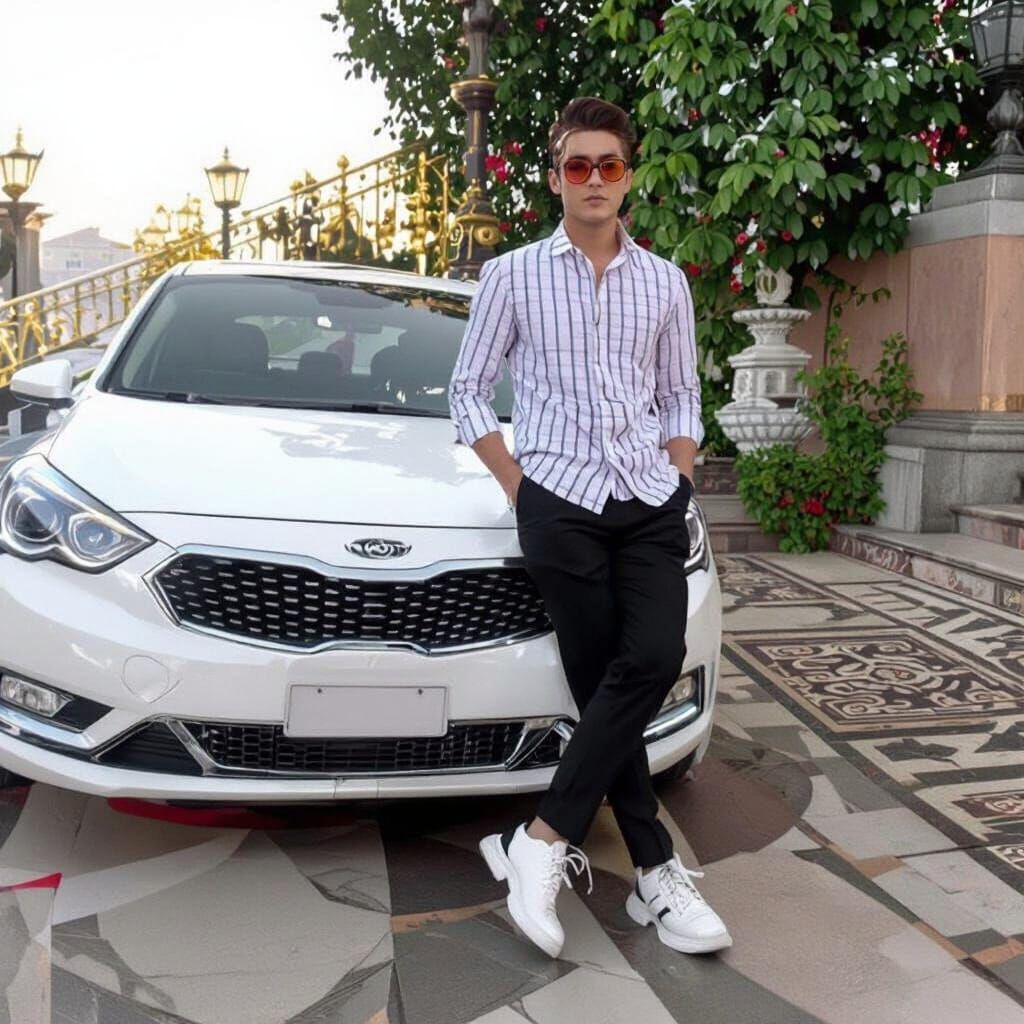 Young Man on Palace Staircase in Photorealistic Style