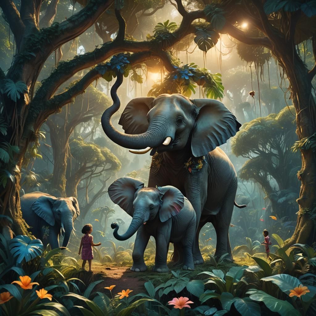 Elephant and Children in Lush Jungle, Digital Painting