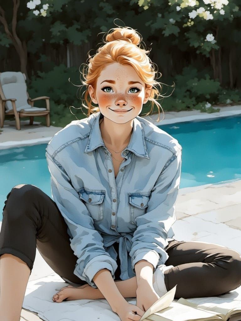 Vixen sitting on the pool patio area, putting together a scrapbook.