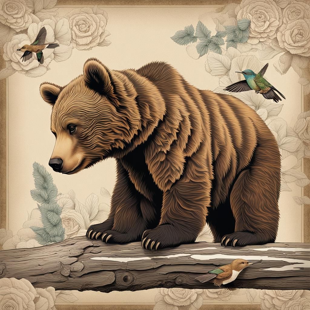 Craft an ultra-high-definition depiction, emphasizing a close side view of a grizzly bear cub, a gentle creature of the ...