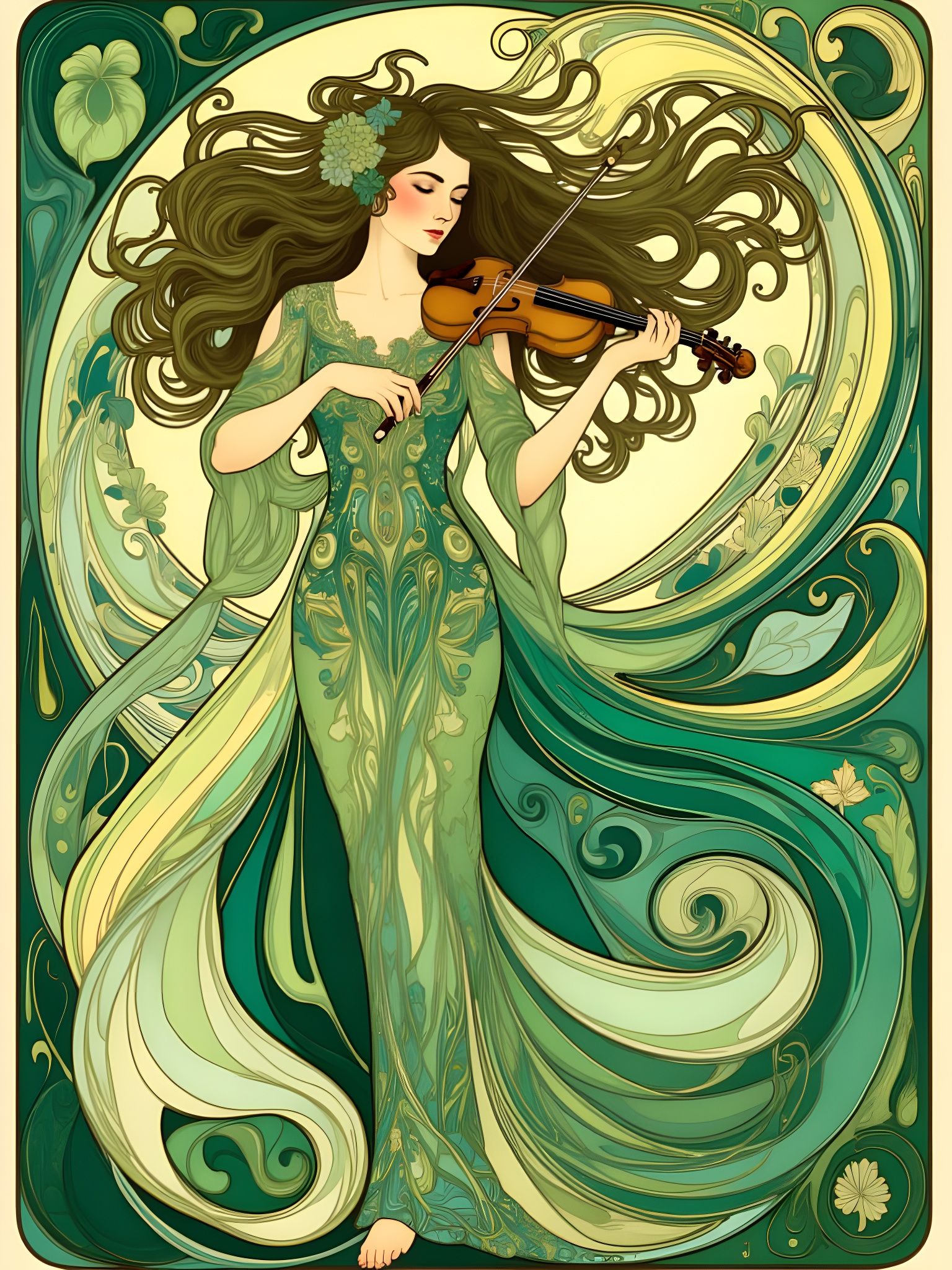 Art Nouveau Violinist with Emerald Sound