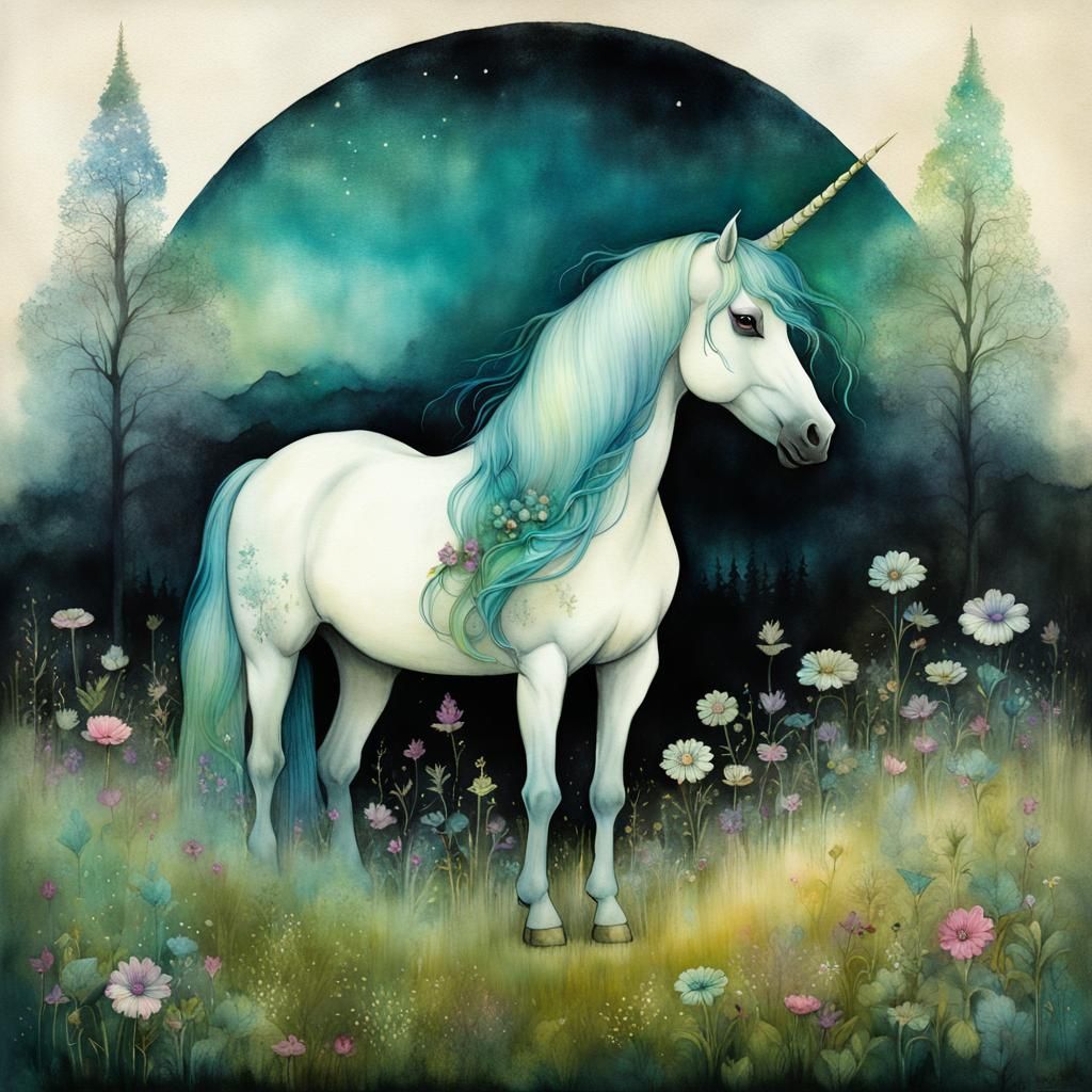 Surreal Unicorn and Girl in Alcohol Ink Style