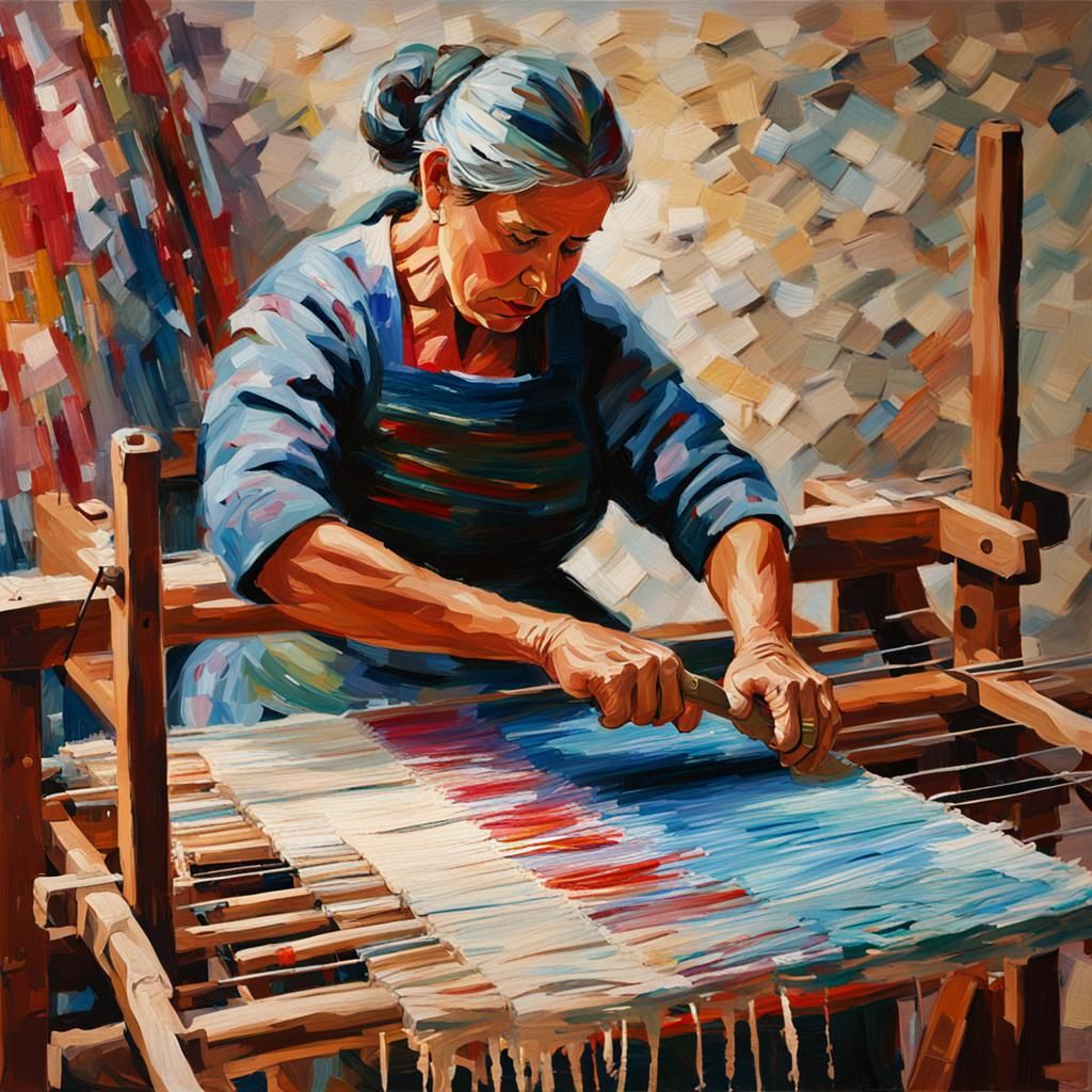 Impasto Woman Weaving Blanket on Loom