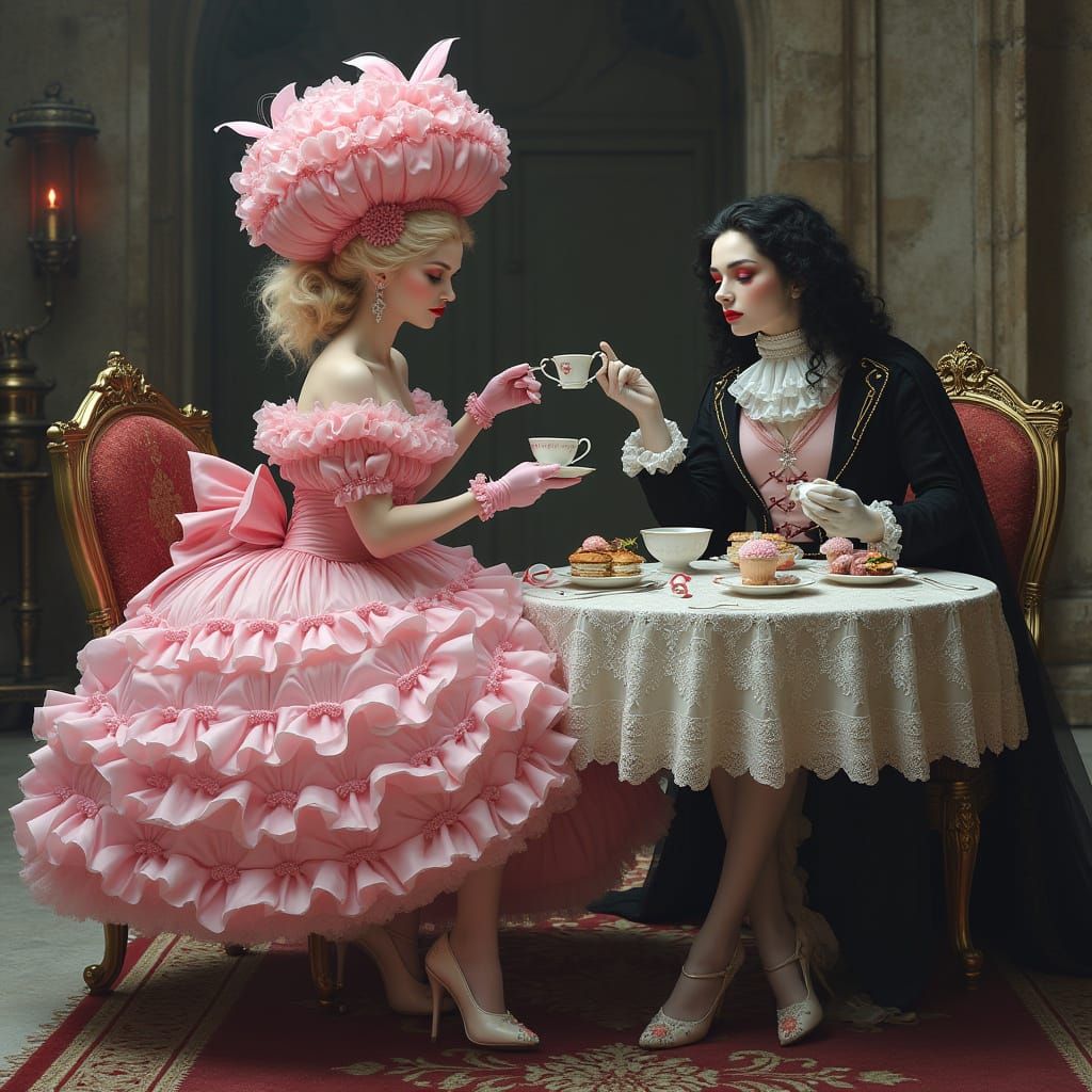 Gothic Fairy in Whimsical Ballgown Serves Tea to Vampire Kin...