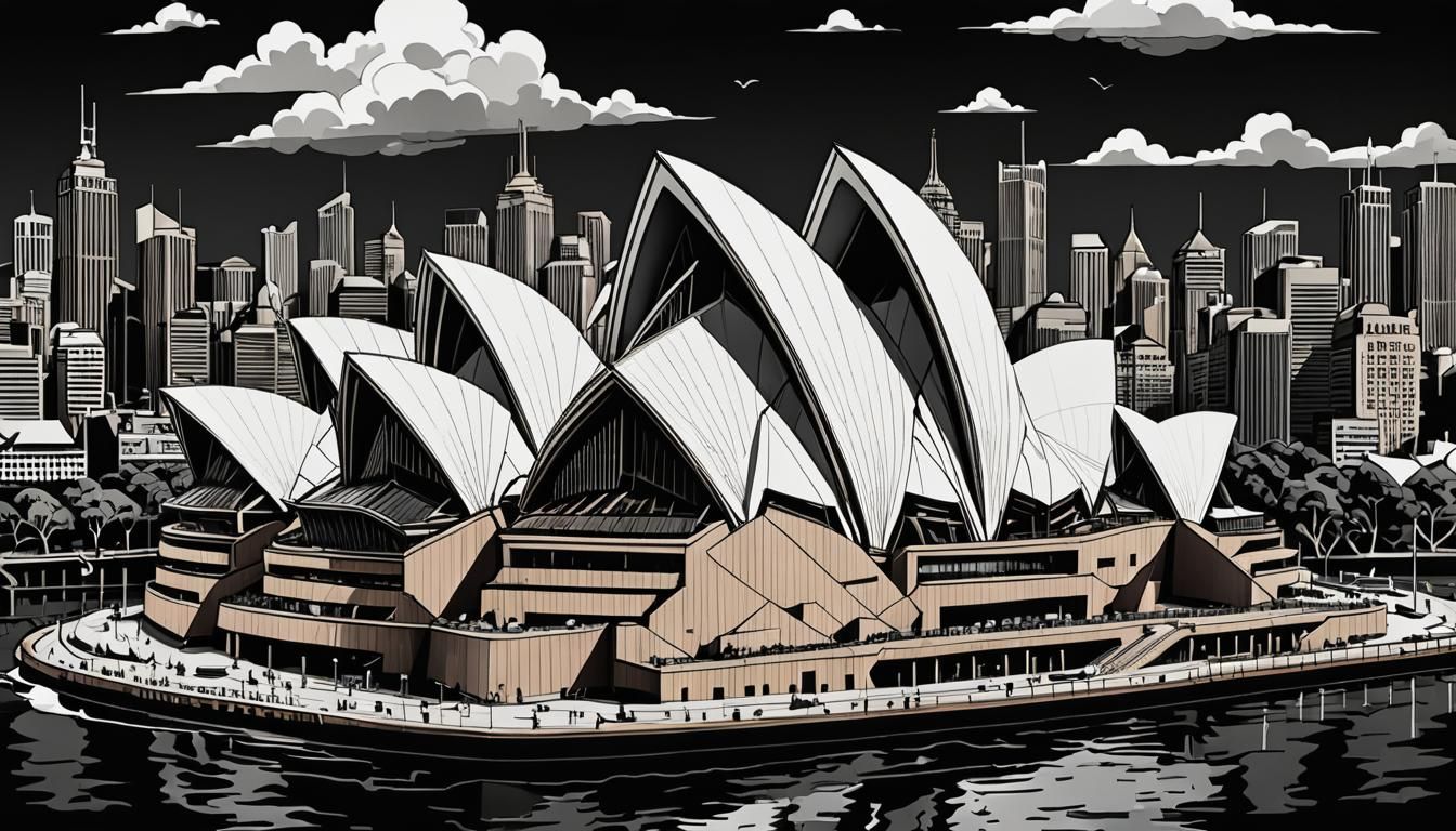 Sydney Opera House: Ink Illustration in M.C. Escher Style