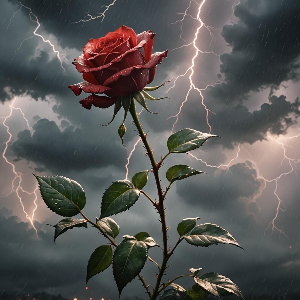 Dramatic Red Rose Against Stormy Backdrop