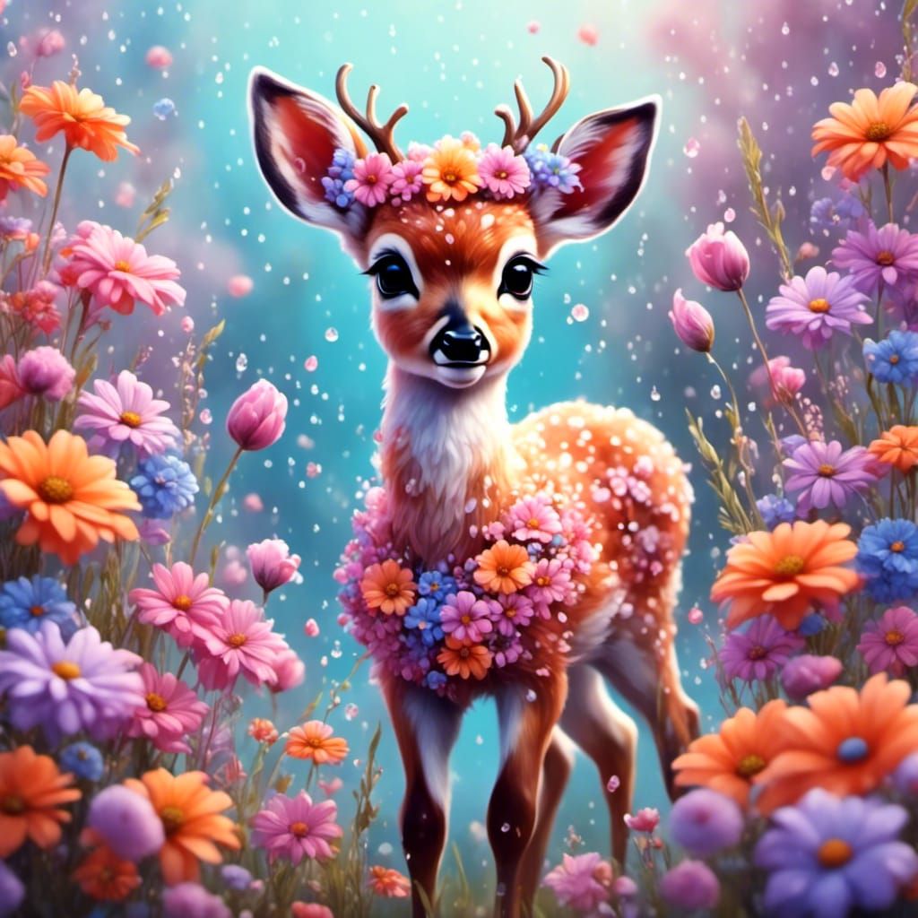 Baby Deer and Girl in Flower Meadow