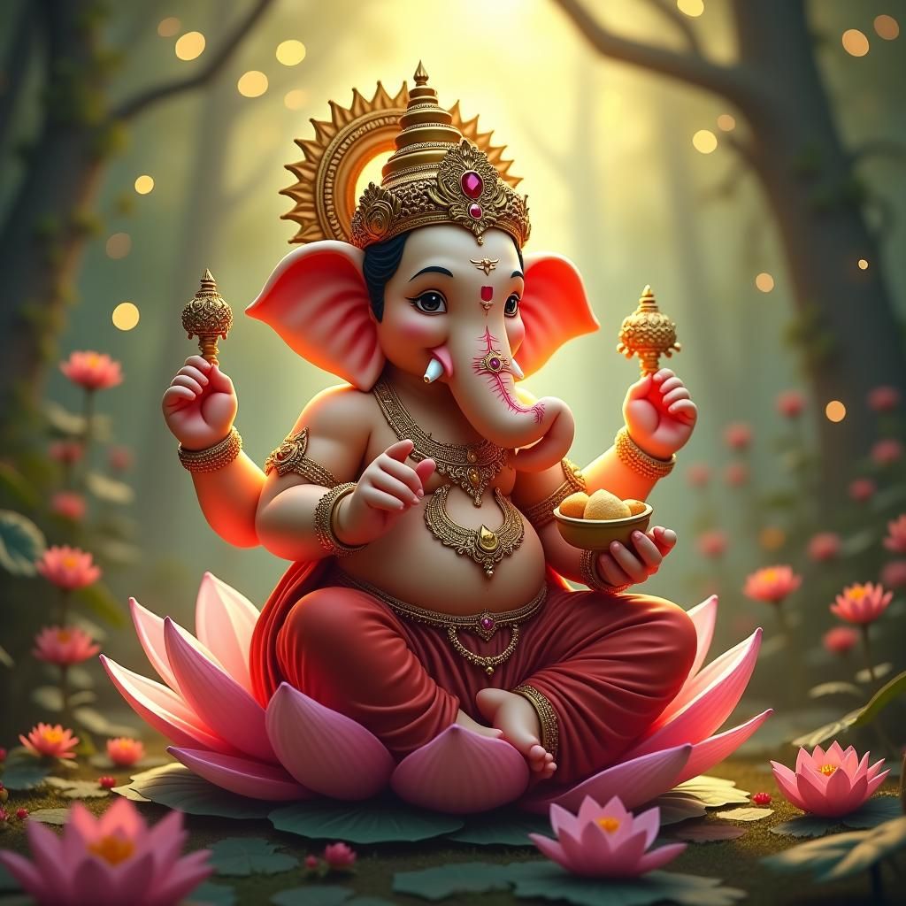 Lord Ganesh on Lotus Flower in Dreamy Garden