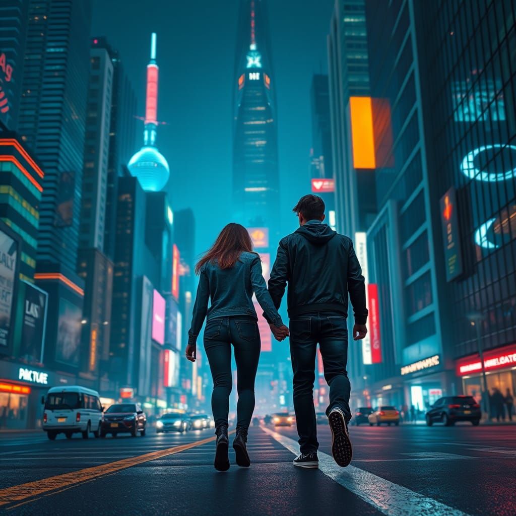 Neon Cityscape: Couple in a Hyper-Realistic Sci-Fi Night