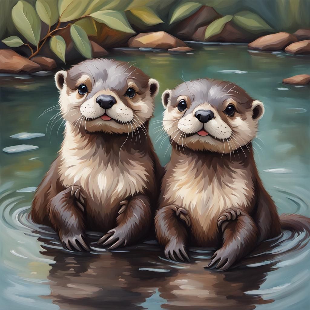 Charming Otters in Oil Painting Style