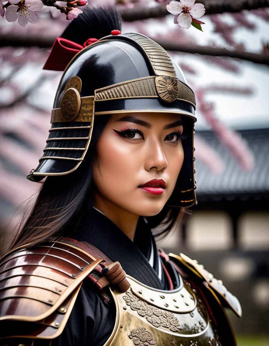 Indonesian Female Samurai Portrait with Cherry Blossoms