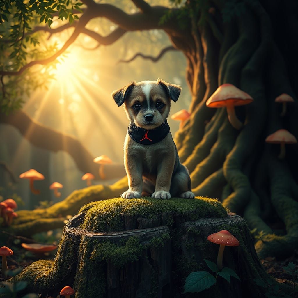 Surreal Puppy Adorns Ancient Forest with Jordan 1s in Cyberp...