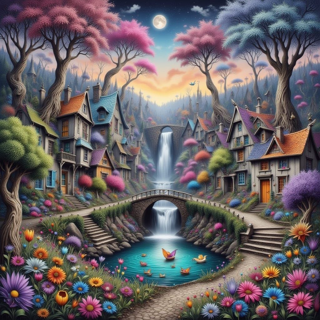 Dreamlike Dutch Village in Vibrant Autumn Forest