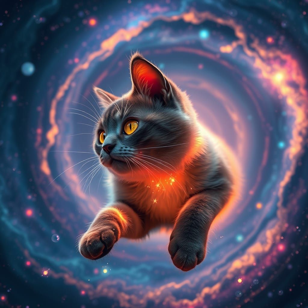 Mystical Cat with Glowing Fur Floating in Spiral Galaxy