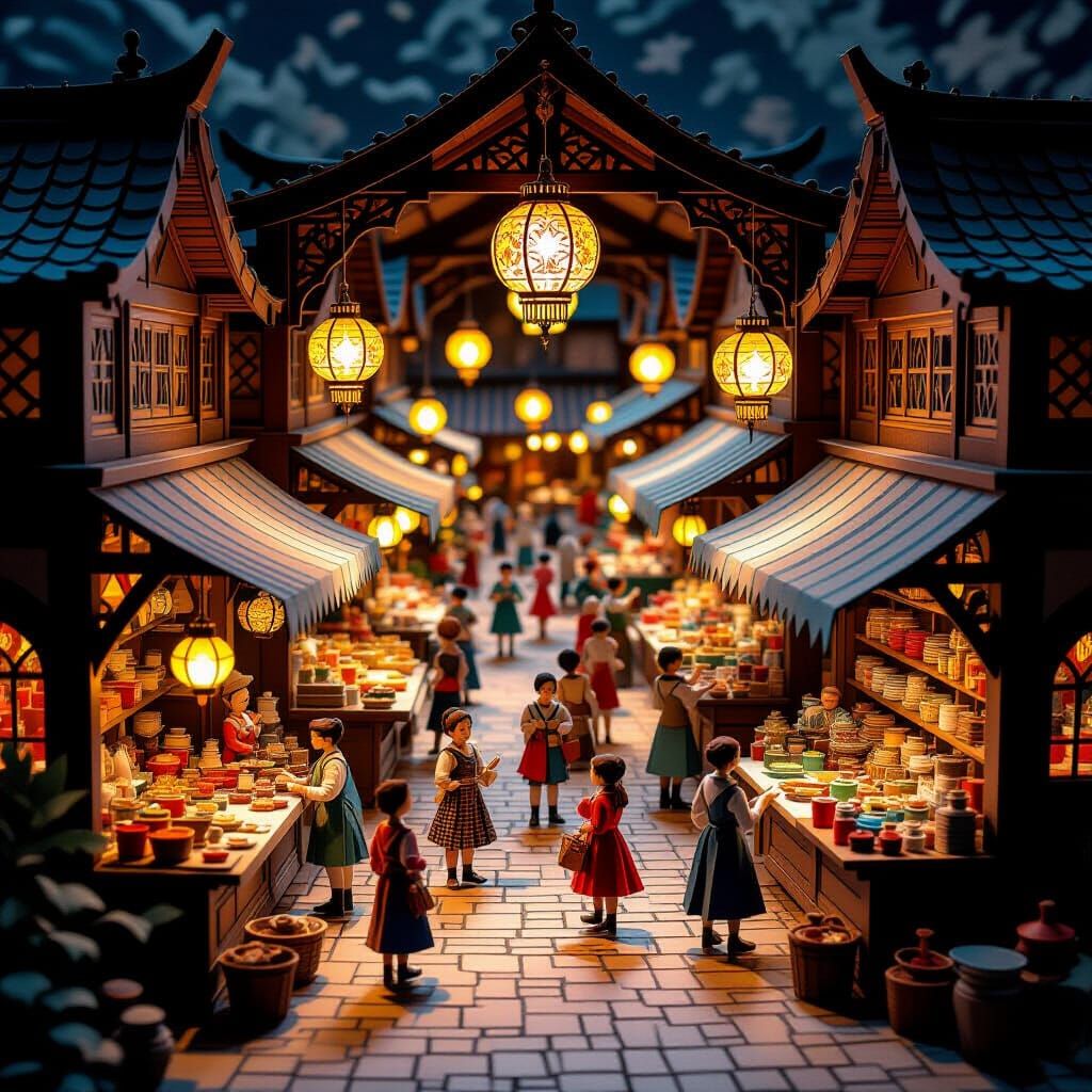 Medieval Paper Marketplace in Intricate Kirigami Style