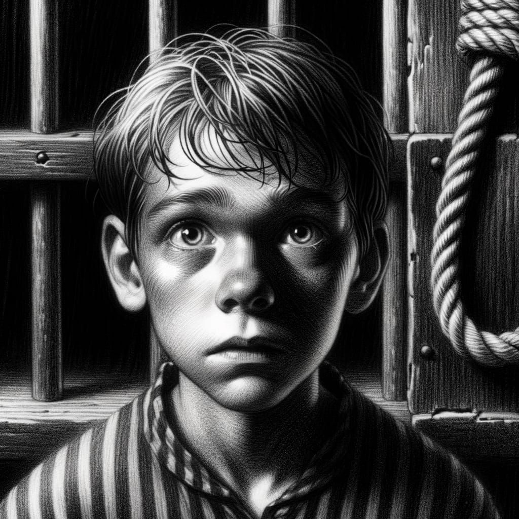 Monochrome Drawing of Boy in Prison Cell