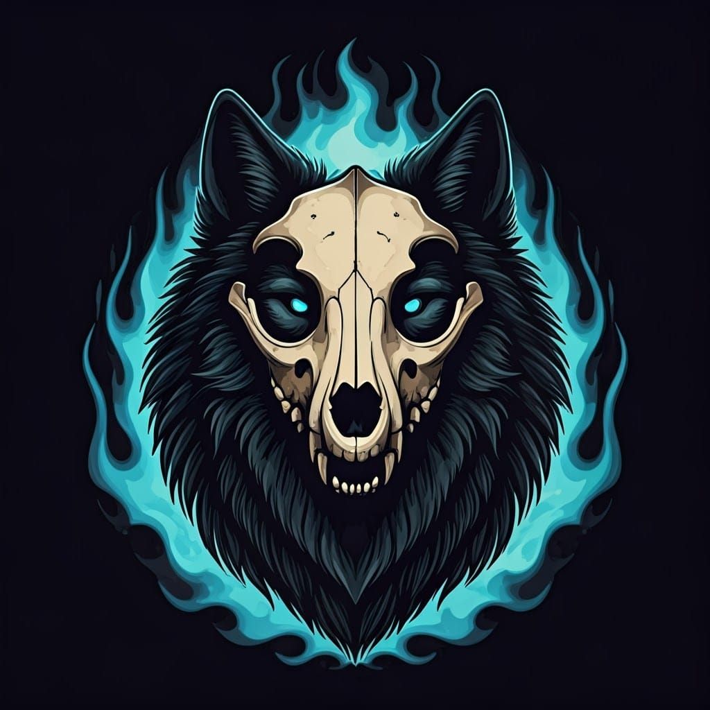 Wolf with Skull Mask and Blue Flames