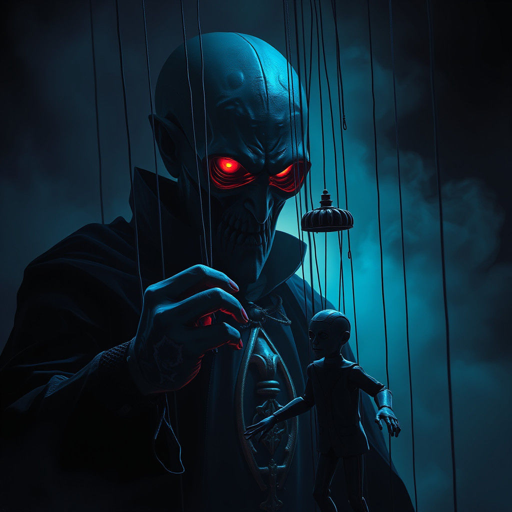 Ominous Master of Puppets in Hyperrealistic Splash Art