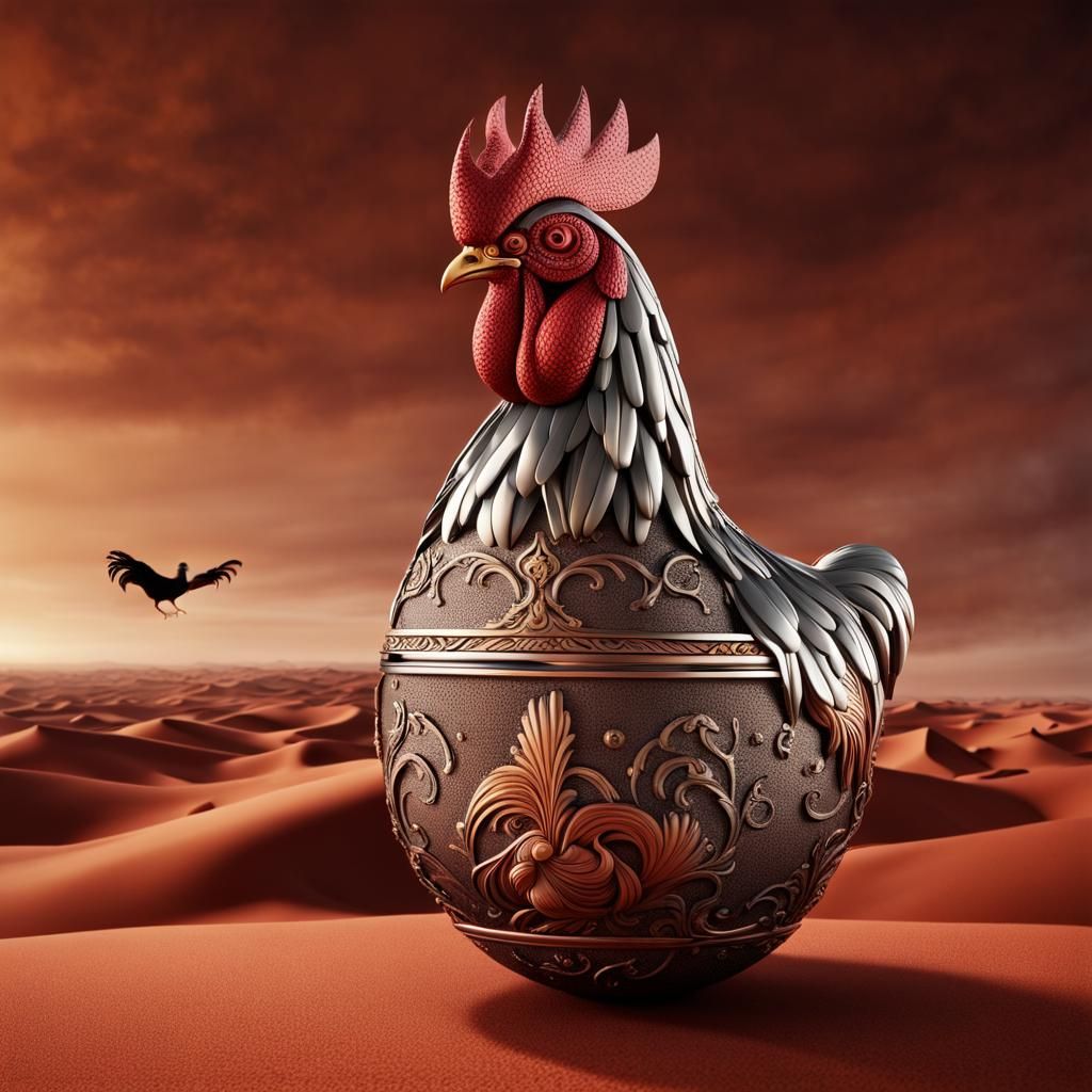 Ornate Faberge Egg over Desert Rooster in 3D