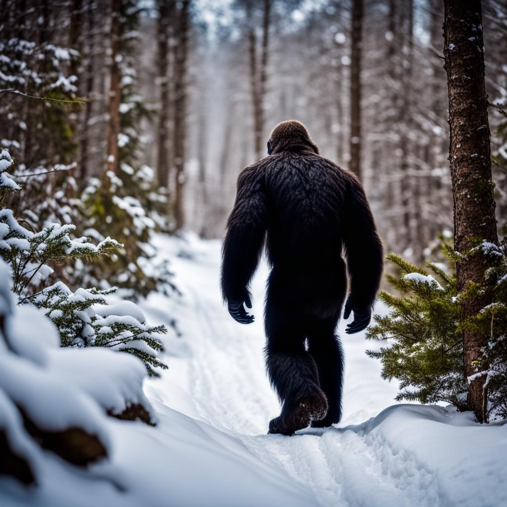 Bigfoot Walks Snowy Trail in Professional Photo