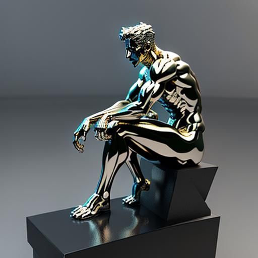 "The Thinker sculpture by Rodin reimagined as a 3D digital a...