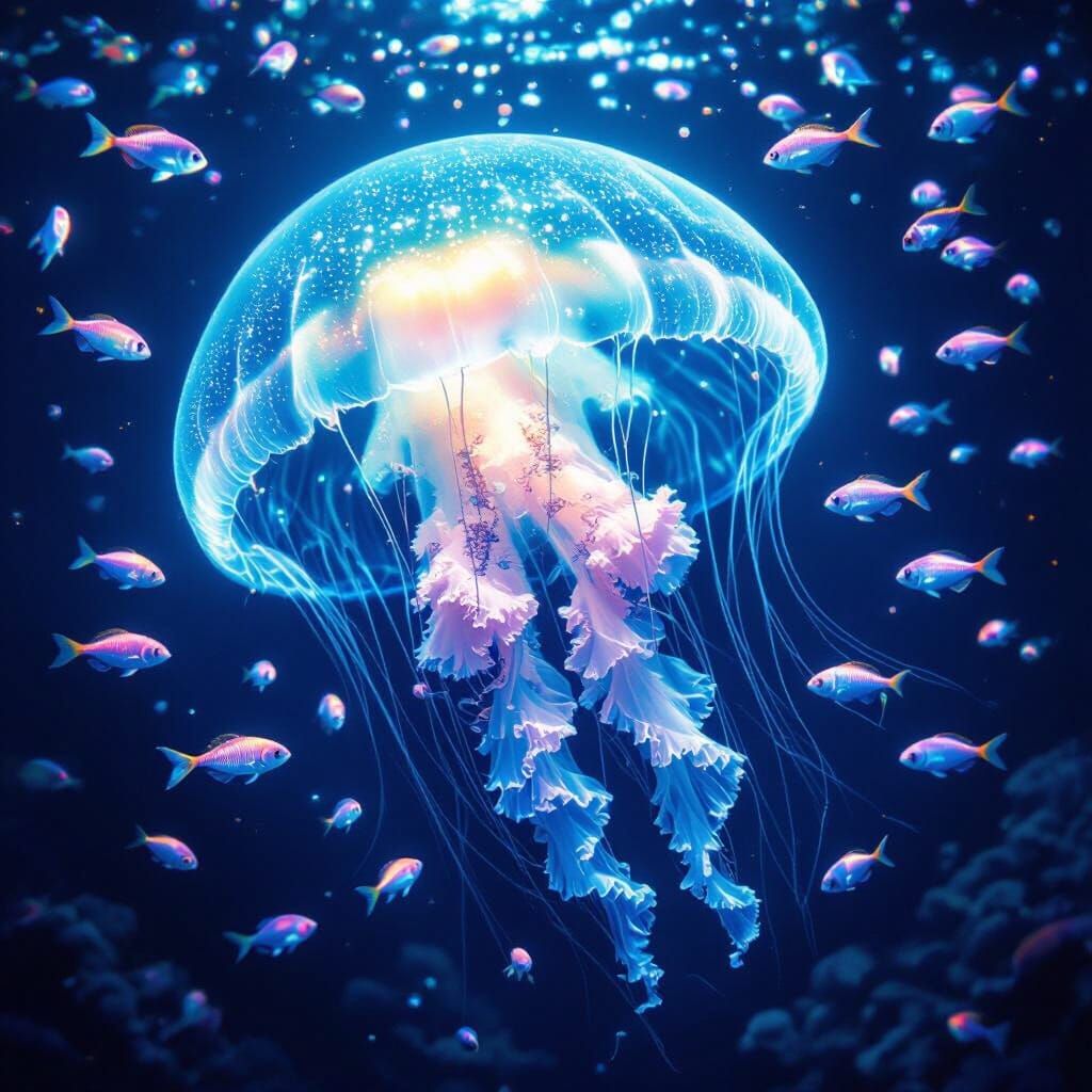 Bioluminescent Jellyfish in Deep-Sea Trench, Hyperrealistic