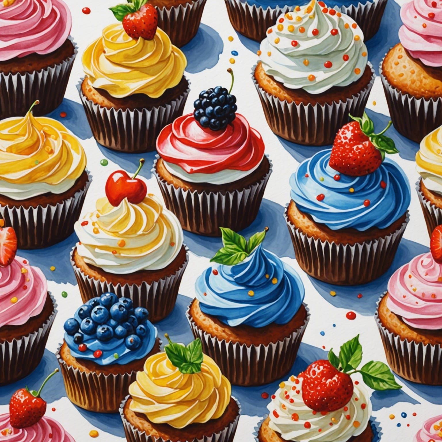 Detailed Gouache Painting of Cupcakes