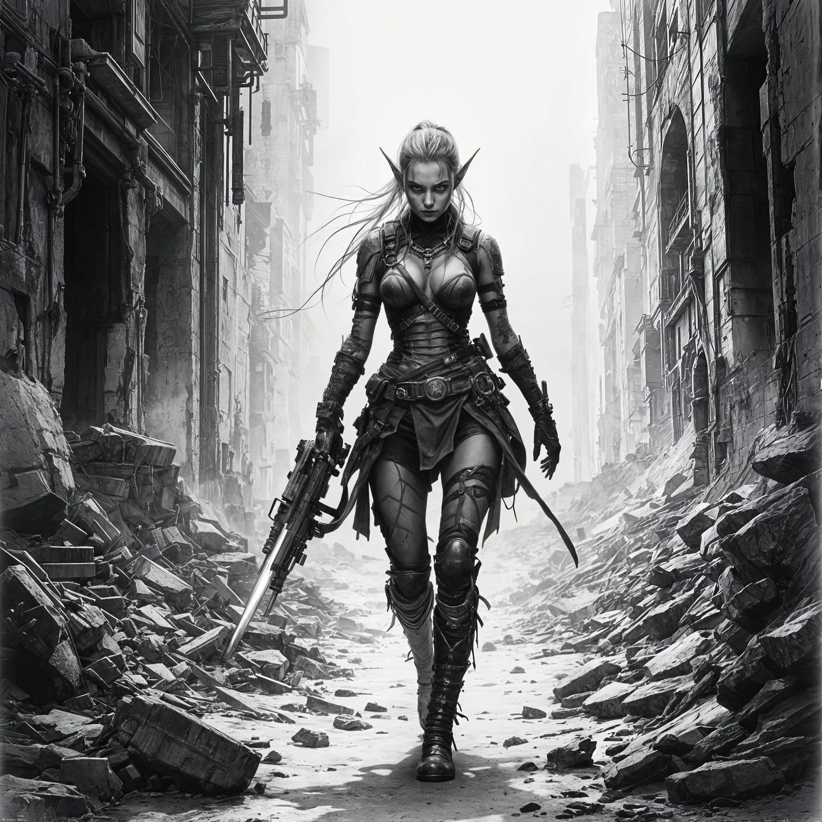 Cyberpunk Warrior Elf in Dark Fantasy Style