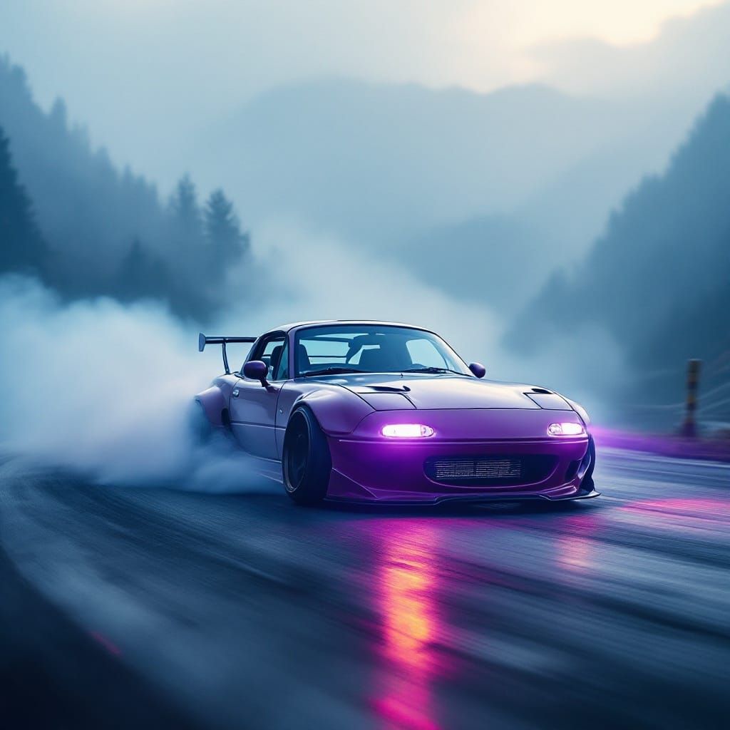 Mazda Miata Drifting on a Misty Mountain Pass in Cyberpunk S...