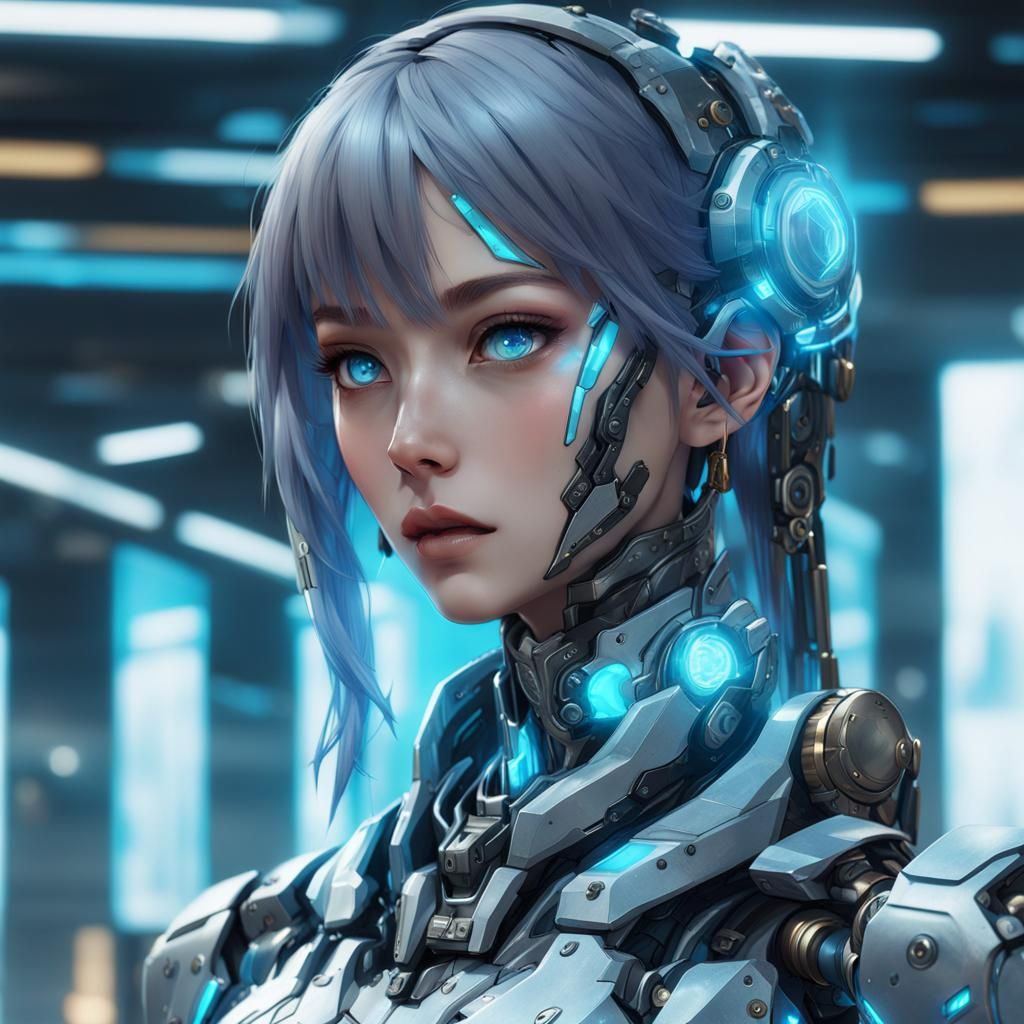 Cyborg Girl with Blue Aura in Anime Style