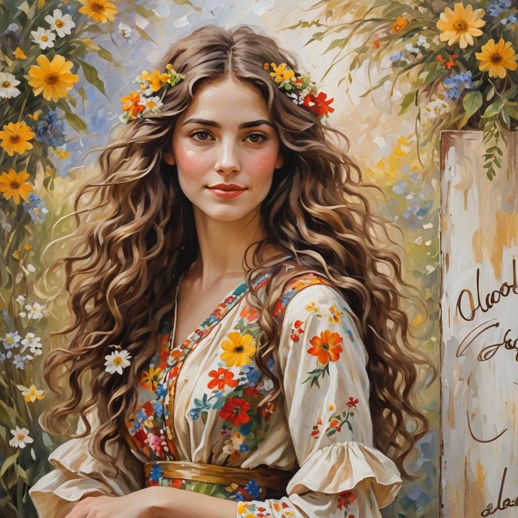 Impressionist Girl with Floral Dress and Sign