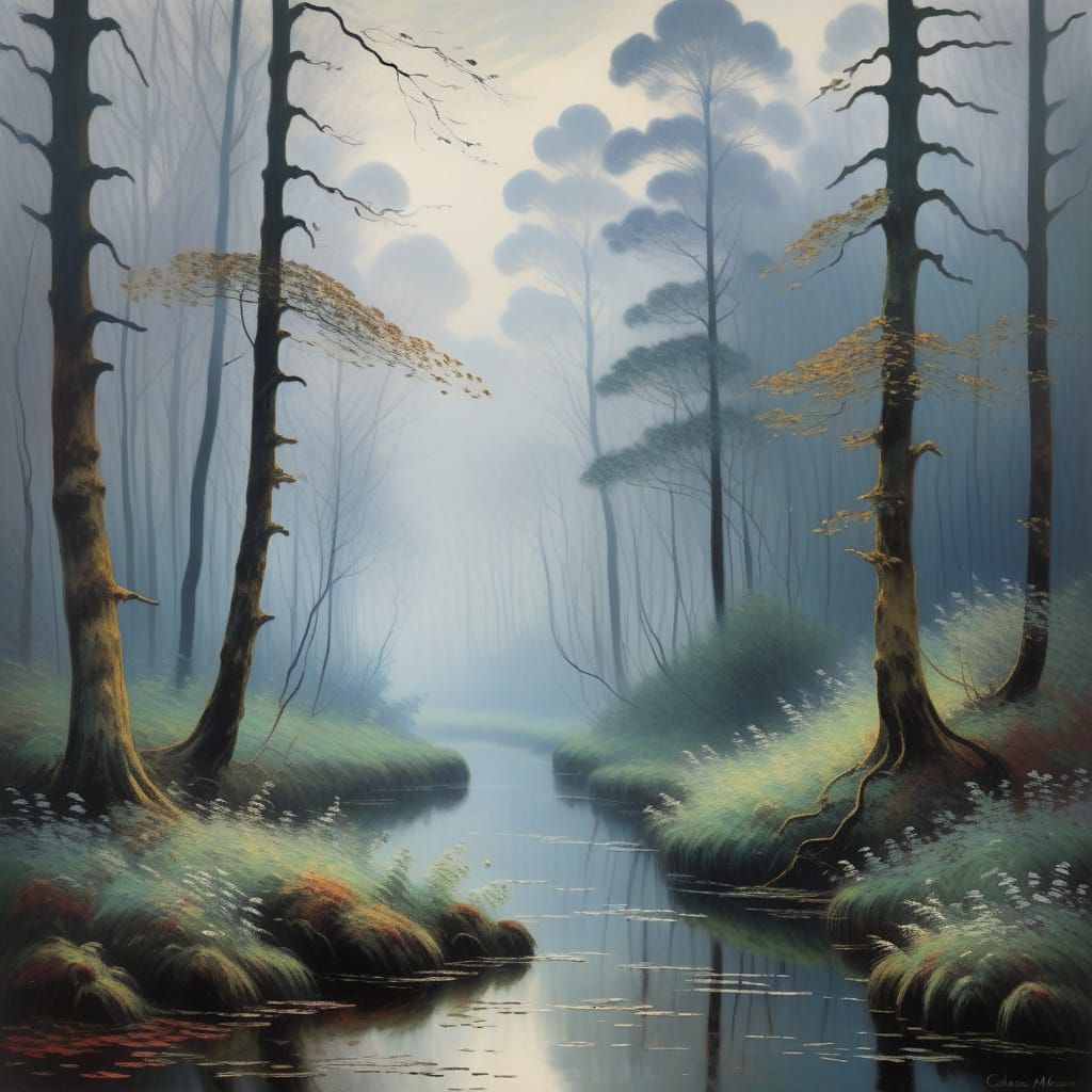 Misty Forest Landscape in Moody Impressionist Style