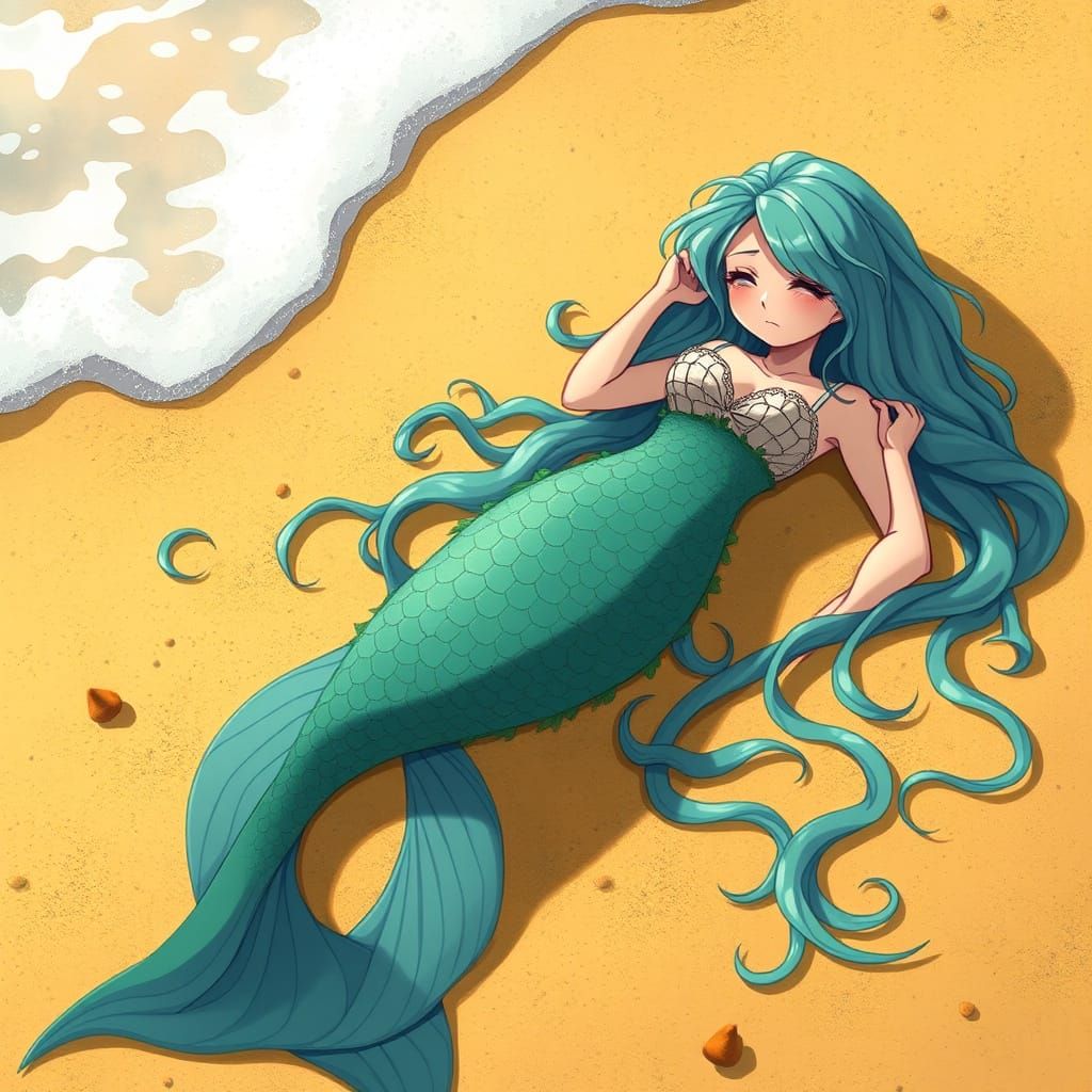 Sorrowful Mermaid on Golden Beach in Anime Style