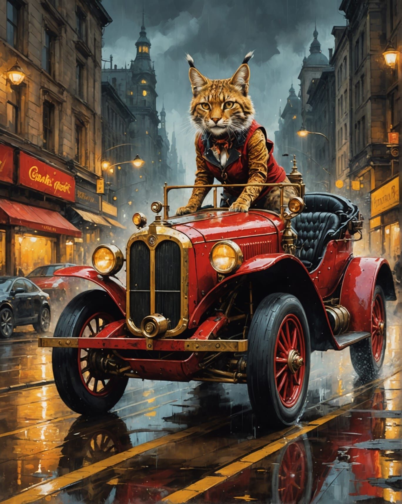 Steampunk Lynx in Racing Car, Oil on Canvas