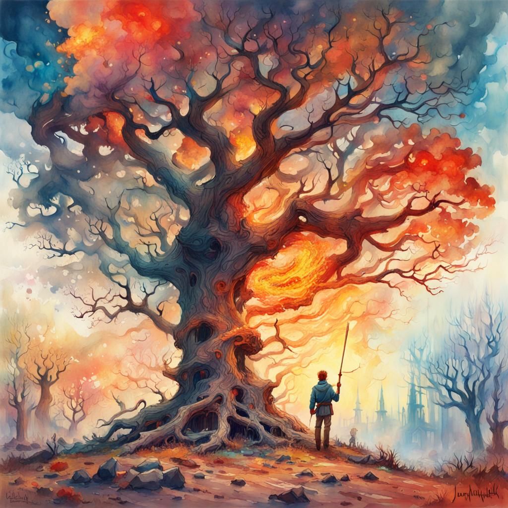 Burning Oak in Giant's Hand: Fantasy Watercolor