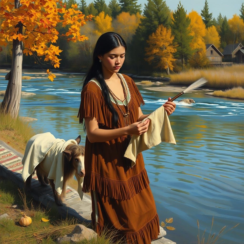 Native American Woman Doing Laundry by a River in Fall