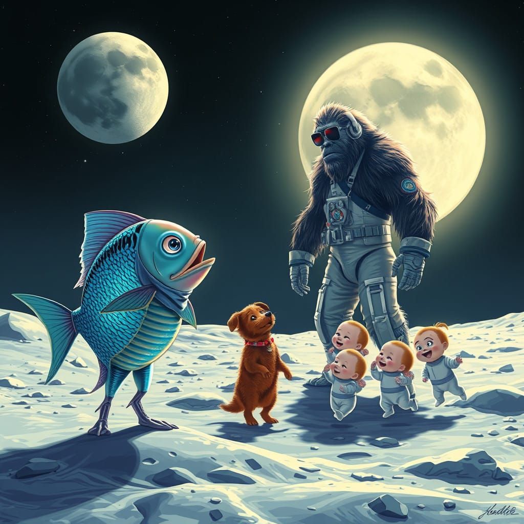 Fantastical Lunar Gathering in Vibrant, Stylized Realism