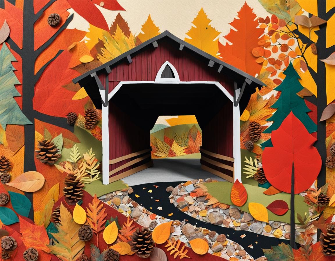 Autumnal Covered Bridge Collage Art