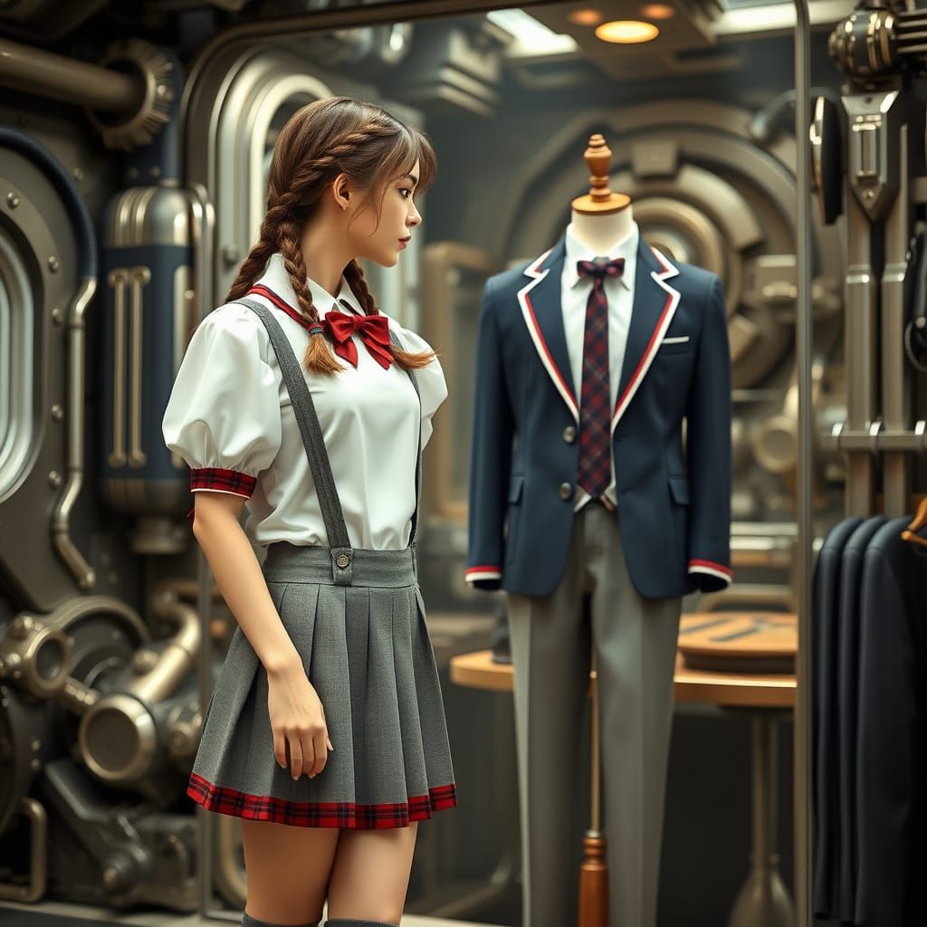 Girl Contemplates Futuristic Boy's School Uniform in a Neon-...