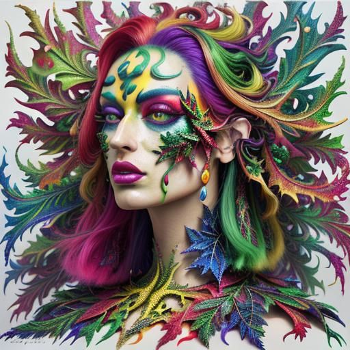 Psychedelic Fractal Leaves in Vivid Oil Painting