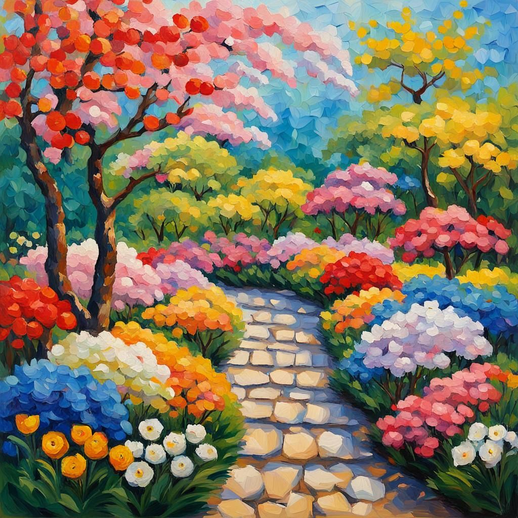 Colorful Spring Flowers in Japanese Garden: Impasto Painting