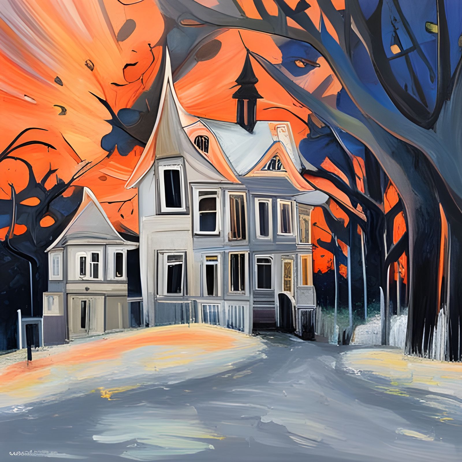 Abstract Haunted House in Complementary Colors