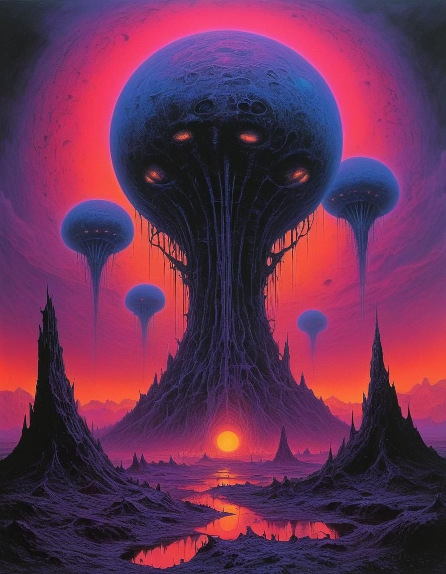 black light reactive, art by Zdzisław Beksiński, neon surrea...