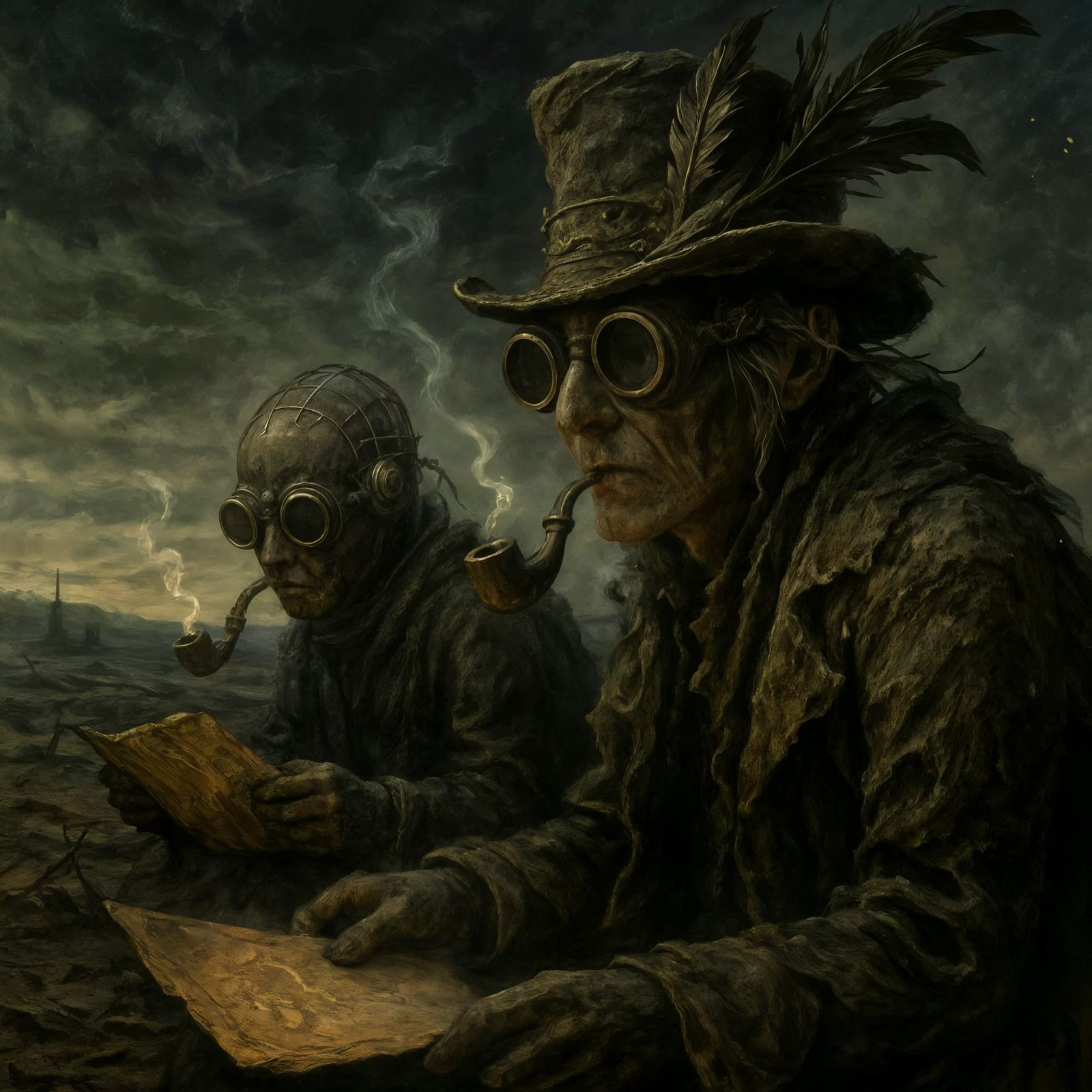 Steampunk Explorers in Dystopian Wasteland Landscape
