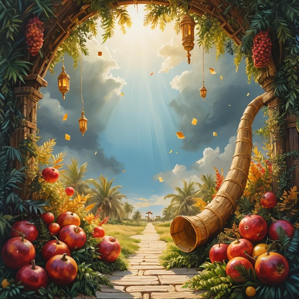 Intricate Jewish Sukkah in Folk Art Style