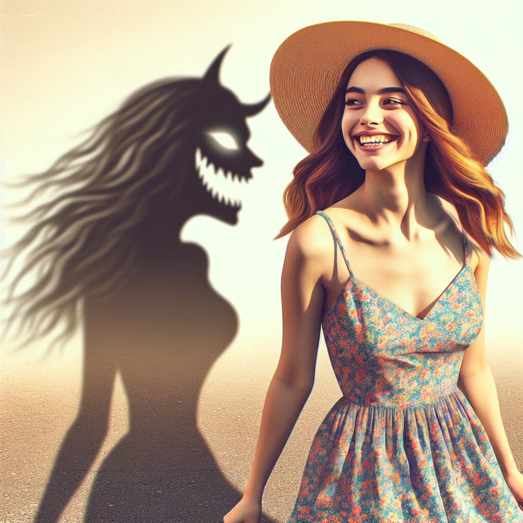 Girl with Demonic Shadow in Engraving Style