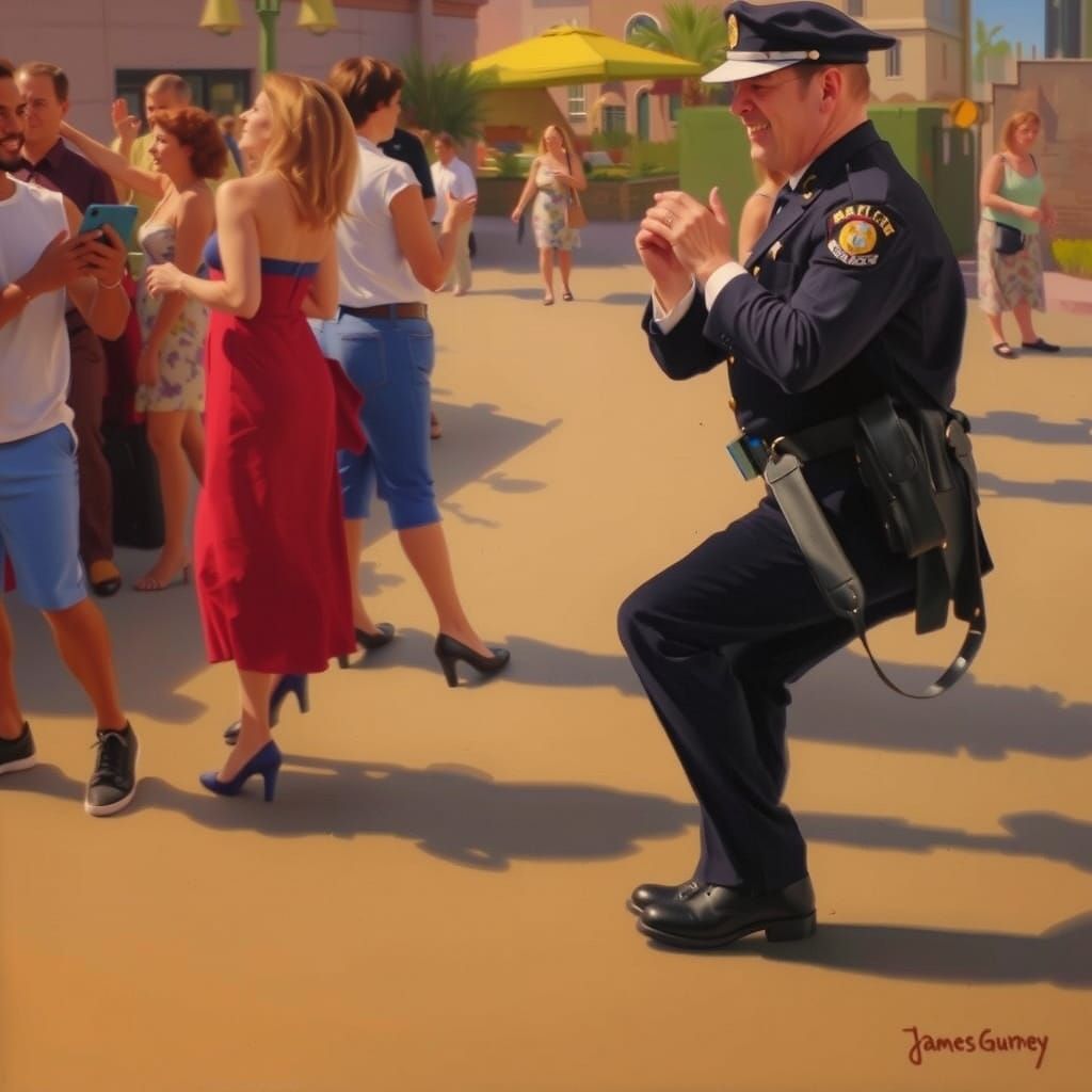 Goofy Policeman Dancing: Oil Painting Style