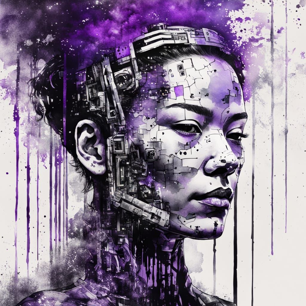 Glitched Cyborg Queen Portrait in Chinese Ink Style