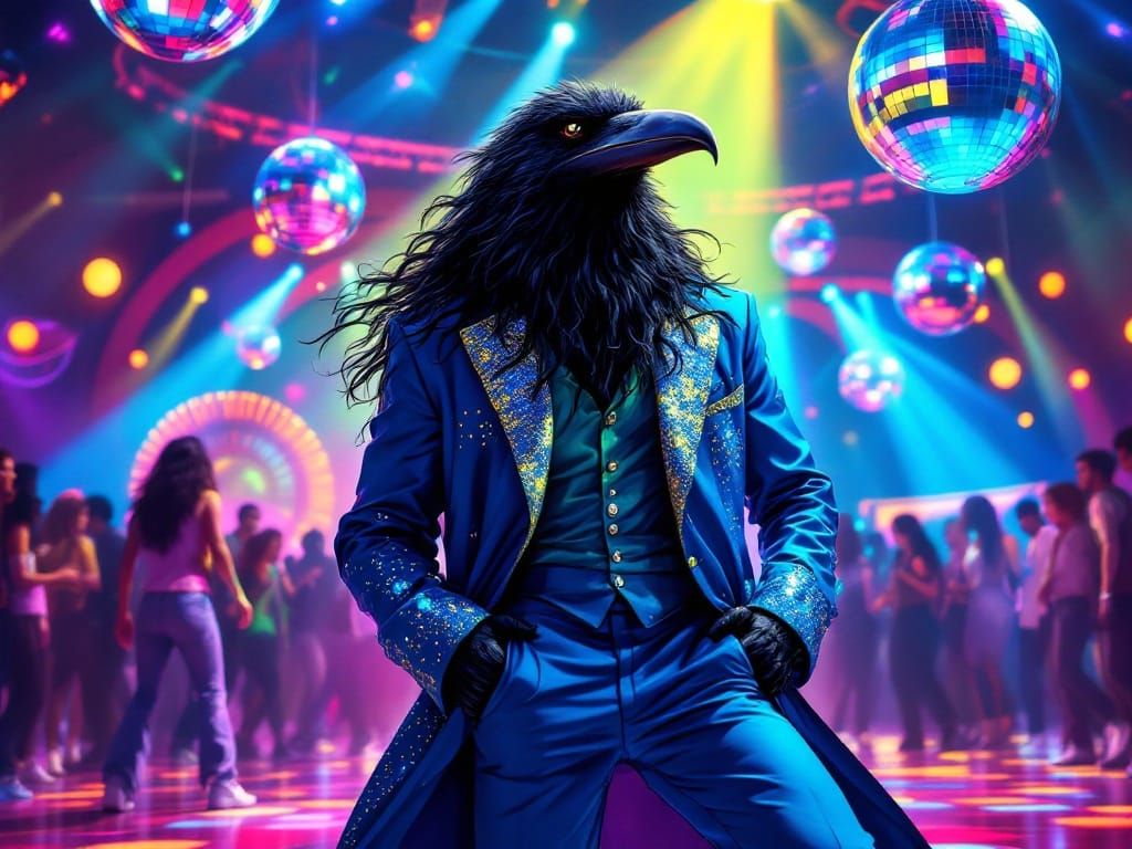 Glossy Raven in Disco Attire, 1970s Retro Futurism
